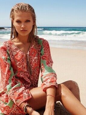 Lola Australia Hippy Smith Paisley Boho High-Low Kaftan Dress Swim Coverup Large